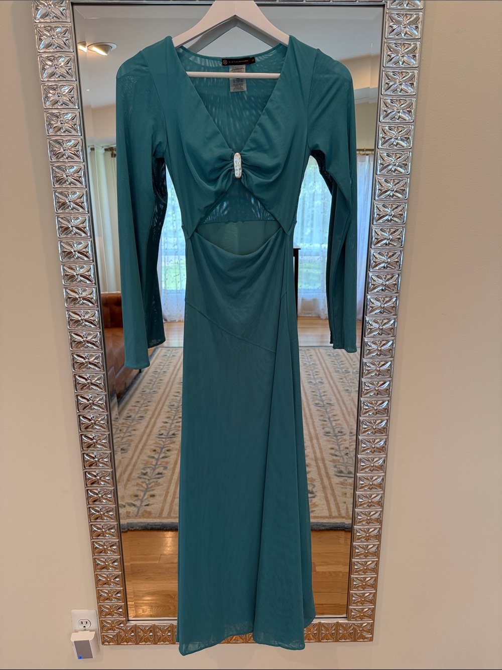 Vix Paula Hermanny Teal Long-Sleeve Cutout Maxi Dress with Front Accent